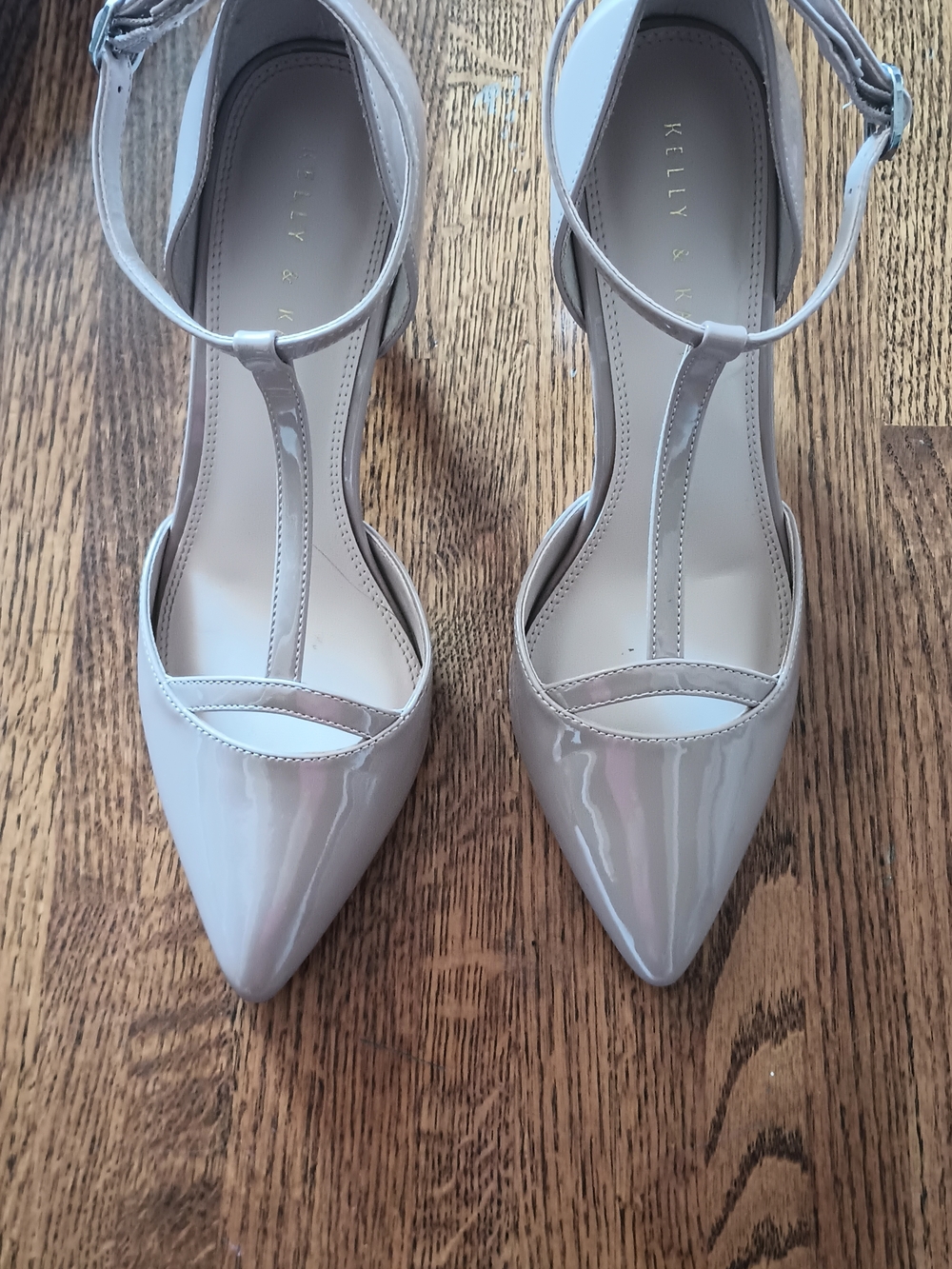 Kelly & Katie Women's Pointed T-Strap Patent Pump in Light Taupe
